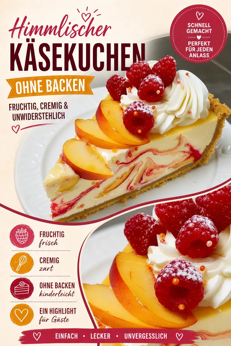 Erlebe Sommergenuss mit diesem Pfirsich Himbeer Käsekuchen Erlebe Sommergenuss mit diesem Pfirsich Himbeer Käsekuchen - Lass dich von diesem Pfirsich Himbeer Käsekuchen verzaubern! Diese himmlische Kombination aus cremigem Käsekuchen, saftigen Pfirsichen und fruchtigen Himbeeren bringt den Sommer auf deinen Tisch. Ideal für besondere Anlässe oder einfach zum Naschen – verwöhne dich und deine Liebsten mit diesem köstlichen Rezept! Probiere es aus und teile deine Ergebnisse! #Käsekuchen #Sommerdessert #Backen