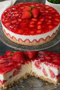 Frische Erdbeertorte mit Mascarponecreme 6 Frische Erdbeertorte mit Mascarponecreme auf einem Teller dekoriert