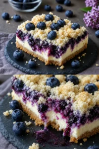Heidelbeerkuchen mit Topfen und Streuseln auf einem weißen Teller