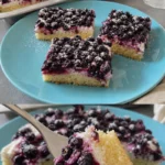 Heidelbeerkuchen vom Blech, saftig und fruchtig, serviert auf einem Teller