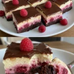 Himbeer Brownie Cheesecake mit Schokoladenglasur und frischen Himbeeren