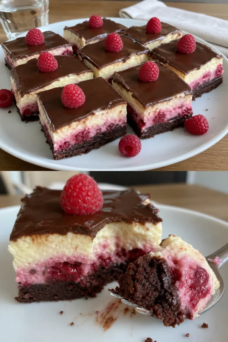 Himbeer Brownie Cheesecake Rezept 3 Himbeer Brownie Cheesecake mit Schokoladenglasur und frischen Himbeeren