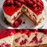 Himbeer-Frischkäse-Mascarpone-Torte auf einem Teller mit frischen Himbeeren