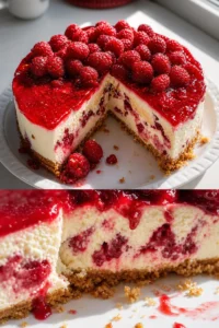 Himbeer-Frischkäse-Mascarpone-Torte Rezept 3 Himbeer-Frischkäse-Mascarpone-Torte auf einem Teller mit frischen Himbeeren