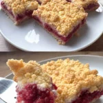 Himbeer-Käsekuchen mit Streusel auf einem Teller serviert
