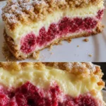 Himbeer-Käsekuchen mit Streuseln auf einem Teller serviert