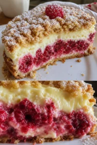 Himbeer-Käsekuchen-Streuselkuchen Rezept 2 Himbeer-Käsekuchen mit Streuseln auf einem Teller serviert
