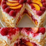 Himbeer-Pfirsich-Torte mit frischen Früchten und Sahne dekoriert