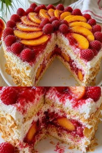 Himbeer-Pfirsich-Torte Rezept 8 Himbeer-Pfirsich-Torte mit frischen Früchten und Sahne dekoriert