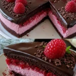 Himbeer Schoko Brownie Torte auf einem Teller serviert, verziert mit frischen Himbeeren.