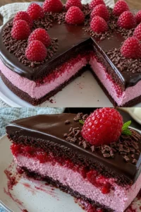 Himbeer schoko brownie torte Rezept 8 Himbeer Schoko Brownie Torte auf einem Teller serviert, verziert mit frischen Himbeeren.