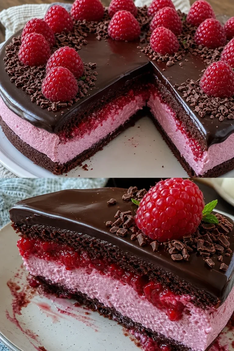 Himbeer schoko brownie torte Rezept 2 Himbeer Schoko Brownie Torte auf einem Teller serviert, verziert mit frischen Himbeeren.