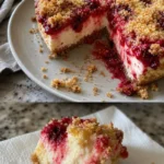 Ein köstlicher Himbeer Streusel Kuchen auf einem weißen Teller, perfekt für jede Gelegenheit.