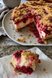 Himbeer Streusel Kuchen Rezept 7 Ein köstlicher Himbeer Streusel Kuchen auf einem weißen Teller, perfekt für jede Gelegenheit.