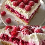 Himbeerkäsekuchen auf einem Teller mit frischen Himbeeren dekoriert