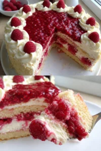 Leckere Himbeertorte mit frischen Himbeeren und Sahne