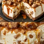 Karamell-Toffee-Crunch-Käsekuchen mit einer goldenen Karamellkruste