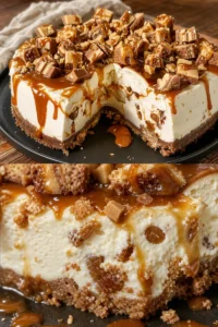 Karamell-Toffee-Crunch-Käsekuchen mit einer goldenen Karamellkruste