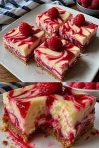 Käsekuchen-Dessertbar mit Himbeer-Swirl 1 Käsekuchen-Dessertbar mit Himbeer-Swirl auf einem rustikalen Holztisch.
