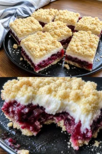 Käsekuchen mit Kirschen und knusprigem Streuselteig auf einem Teller