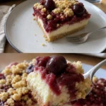 Leckerer Käsekuchen mit Kirschen und Streuseln auf einem Teller