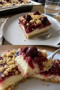 Käsekuchen mit Kirschen und Streuseln Rezept 10 Leckerer Käsekuchen mit Kirschen und Streuseln auf einem Teller
