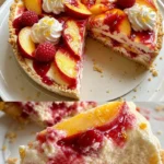 Käsekuchen ohne Backen mit Pfirsichen und Himbeeren