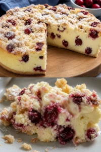 Käsekuchen mit Kirschen auf einem Teller serviert