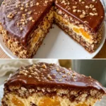 Ein Stück Kiesgrubenkuchen auf einem Teller mit Sahne und Erdbeeren