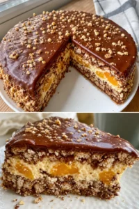 Kiesgrubenkuchen Rezept einfach 5 Ein Stück Kiesgrubenkuchen auf einem Teller mit Sahne und Erdbeeren