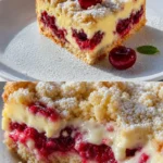 Kirsch Extractkuchen mit Streuseln und Vanillepudding serviert auf einem Teller