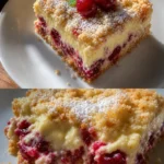 Kirsch-Extractkuchen mit Streuseln und Vanillepudding auf einem Teller