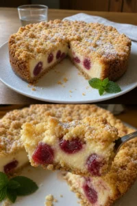 Kirsch-Käsekuchen Rezept: saftig mit Streuseln 9 Saftiger Kirsch-Käsekuchen mit Streuseln auf einem Teller