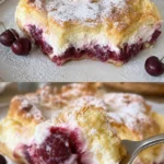 Kirsch-Sahne-Puff-Kuchen auf einem Teller serviert, verziert mit frischen Kirschen
