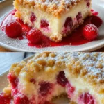 Kirschkuchen mit Streuseln und Vanillepudding auf einem hübschen Dessertteller