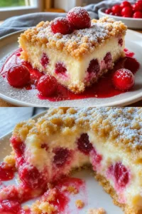 Kirschkuchen mit Streuseln und Vanillepudding auf einem hübschen Dessertteller