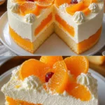 Mandarinen-Sahnetorte auf einem Teller, dekoriert mit Sahne und Mandarinen