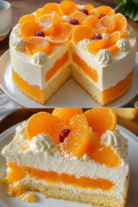 Mandarinen-Sahnetorte auf einem Teller, dekoriert mit Sahne und Mandarinen
