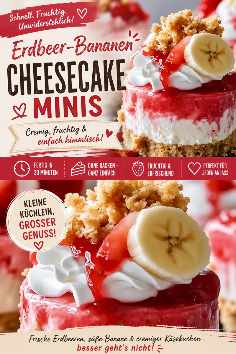 Mini Erdbeer-Bananen-Käsekuchen – Süßes ohne Backen für jede Gelegenheit Mini Erdbeer-Bananen-Käsekuchen – Süßes ohne Backen für jede Gelegenheit - Lust auf ein schnelles und süßes Rezept? Unsere Mini Erdbeer-Bananen-Käsekuchen sind eine ideale süße Versuchung für jeden Anlass. Sie sind einfach zuzubereiten und ein echter Hingucker auf jeder Kaffeetafel! Perfekt als Dessert oder Snack. Probiere es aus und bringe das süße Leben auf deine nächste Feier! #Käsekuchen #Dessert #Rezept