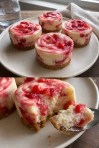 Mini-Erdbeer-Cheesecakes mit perfektem Swirl-Effekt 10 Mini Strawberry Swirl Cheesecake mit frischen Erdbeeren und Sahne