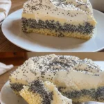 Mohnkuchen mit Pudding und Schmand, ein köstliches, saftiges Dessert.