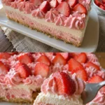 No-Bake Strawberry Crunch Cake mit Erdbeeren und knusprigen Keksstücken.