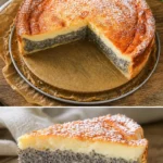 Omas Mohn Schmand Kuchen auf einem Teller, perfekt für jede Gelegenheit.
