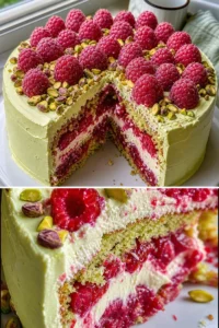 Himmlische Pistazien Torte auf einem Teller mit verzierten Pistazienkernen.