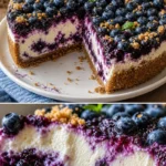 Quark-Blaubeer-Torte auf einem Teller, dekoriert mit frischen Blaubeeren.