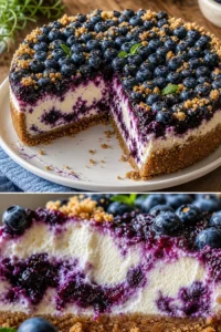 Quark-Blaubeer-Torte Rezept 6 Quark-Blaubeer-Torte auf einem Teller, dekoriert mit frischen Blaubeeren.