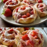 Erdbeer-Käsekuchen-Zimtschnecken frisch gebacken auf einem Teller