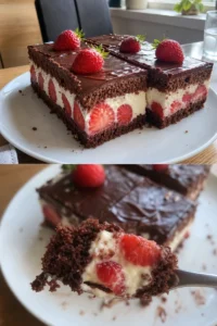 Saftige Erdbeer-Donauwelle Rezept 8 Saftige Erdbeer-Donauwelle auf einem Teller, dekoriert mit frischen Erdbeeren.