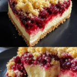 Saftiger Käsekuchen mit Kirschen und Streuseln auf einem Kuchenteller