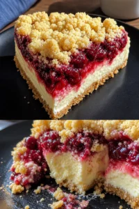 Saftiger Käsekuchen mit Kirschen und Streuseln auf einem Kuchenteller